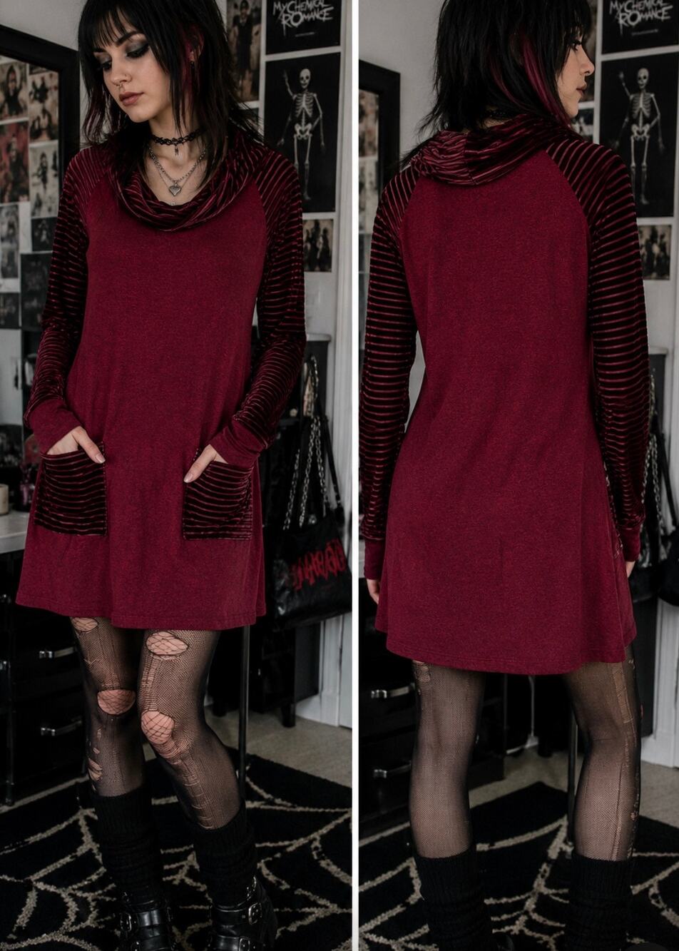 Vintage Paolino Burgundy Velvet Stripe Cowl Neck Shift Dress Y2K emo goth S